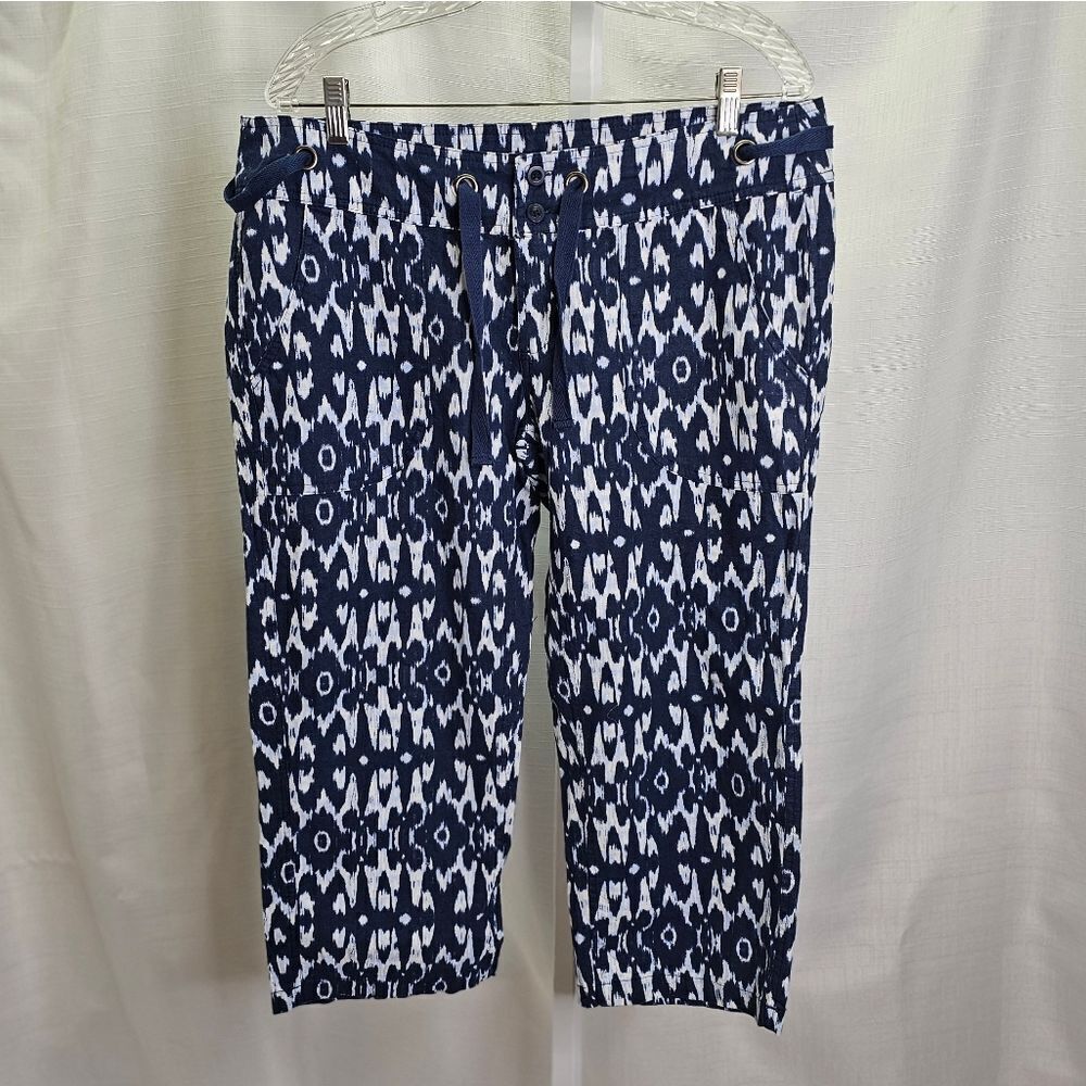 Freedom Trail by Kyodan Blue Geometric Linen Blend Capri Pants Size Large
